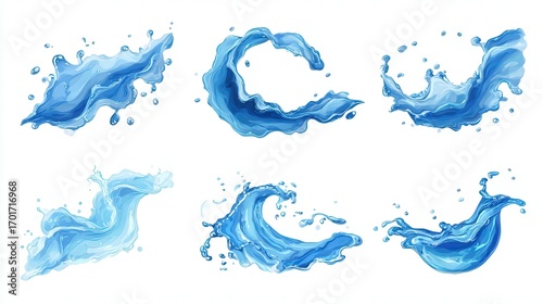 Various artistic illustrations of flowing water in different shapes and motions, Ideal for use in design projects, advertisements, or as backgrounds for topics related to nature, hydration