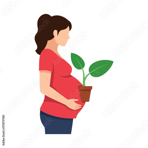 Symbolic vector art of pregnancy, showcasing the parallel growth of a baby and a plant, representing new life and nature