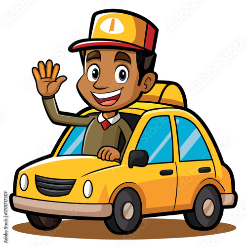 A cheerful taxi driver waves from his car