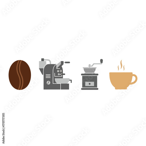 Vector illustration set depicting the stages of coffee preparation, from raw bean, through roasting and grinding, to a final hot cup