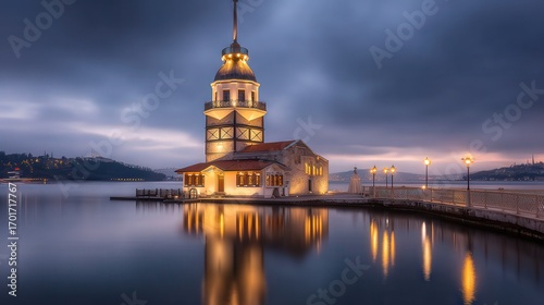 A tranquil waterfront scene showcasing a beautifully illuminated tower at twilight, reflecting on still waters, Ideal for travel blogs, websites