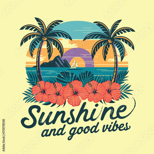 Tropical Sunshine and Good Vibes Design with Hibiscus and Palm Trees
