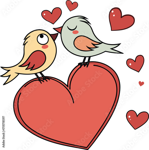 Charming cartoon lovebirds sharing a sweet kiss atop a vibrant red heart illustration