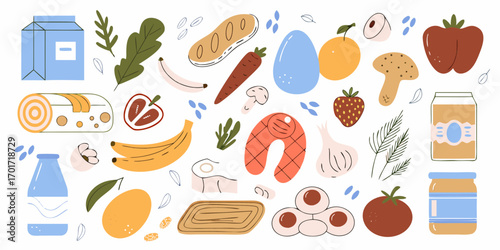 A vibrant collection of hand drawn food items including fruits vegetables dairy protein and bread