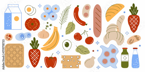 A colorful flat illustration of various food items and ingredients arranged in a playful and abstract pattern