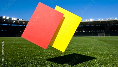 Red and yellow cards on a soccer field