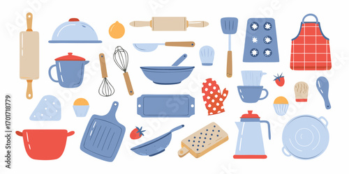 Collection of flat design kitchen utensils and baking tools for cooking and baking