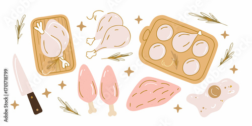 Collection of raw chicken pieces and ingredients for cooking a delicious meal