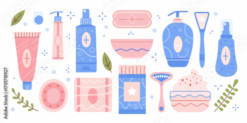 Collection of flat design beauty and skincare products including creams lotions sprays brushes and razors