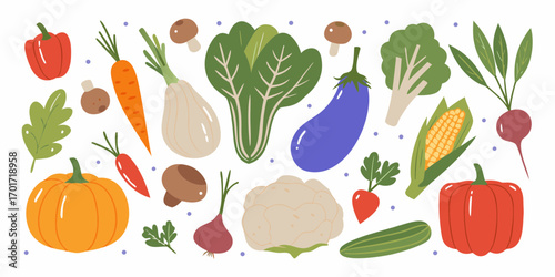 A vibrant collection of fresh healthy vegetables and produce arranged in a pleasing pattern