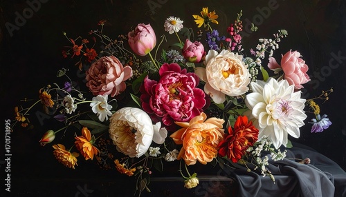 A vibrant and detailed floral arrangement, featuring peonies, dahlias, tulips, and other blooms, in rich jewel tones against a dark background, evoking a sense of Dutch still life art.