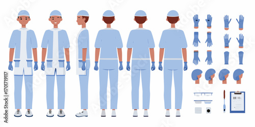 Medical professional in light blue scrubs and cap shown from multiple angles with various medical accessories and gloves