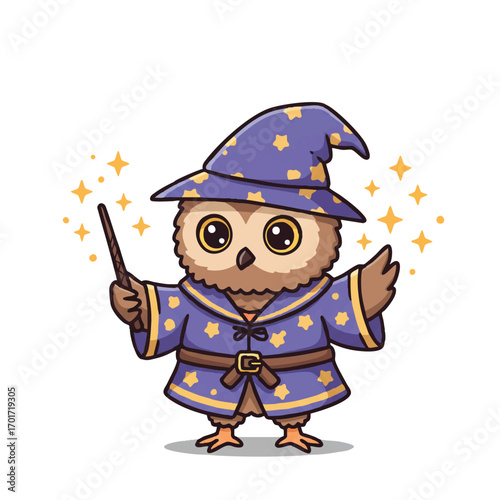 2d illustration of a owl wearing hat witch
