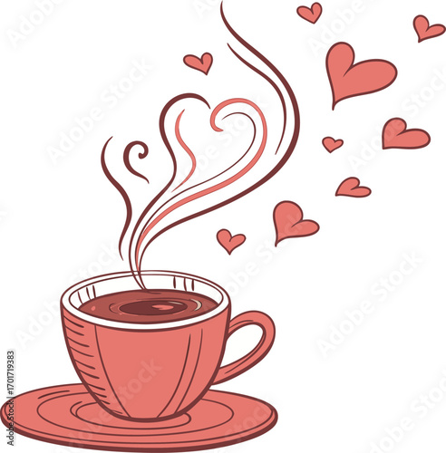 Warm cup of coffee with a romantic heart shaped steam cloud