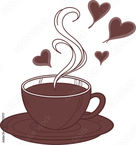 Heart shaped steam rising from a cup of hot coffee illustration