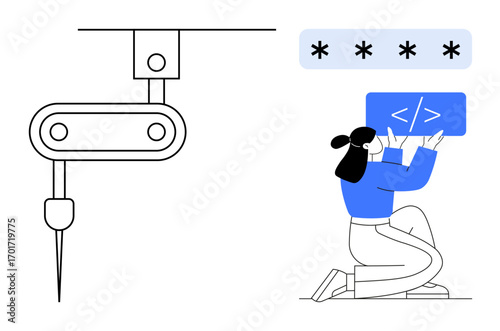 Woman interacts with a code block while a machine automation drill operates nearby. Ideal for coding, automation, technology, innovation, development, user interface design, simple landing page