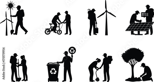 Eco friendly silhouettes with people recycling, planting trees, wind turbines, solar panels, biking, green energy, sustainability, waste management, and environmental care.