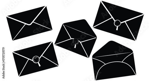 Hand drawn black envelopes scattered across white surface for mail and communication themes vector