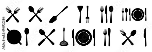 Collection of Black Silhouettes of Kitchen Utensils and Cutlery
