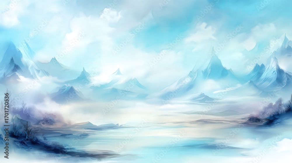 Fototapeta premium A serene landscape featuring misty mountains and a tranquil lake under a soft blue sky, perfect for creative projects, meditation, or as a backdrop for calming presentations,