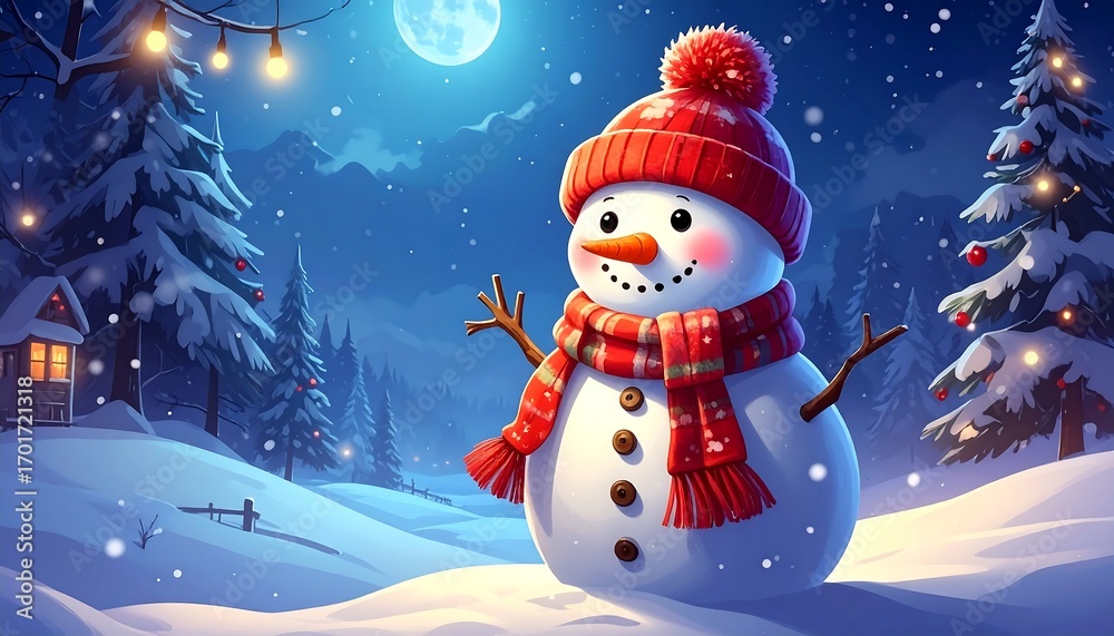 Obraz premium Cheerful Snowman in Winter Wonderland Scene.