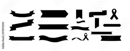 Collection of Black Ribbon and Banner Silhouettes on White Background