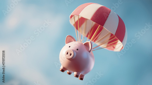 A pink piggy bank with a white and red parachute gracefully floats down against a clear blue sky. The playful scene evokes a sense of fun and whimsy, capturing attention effortlessly.