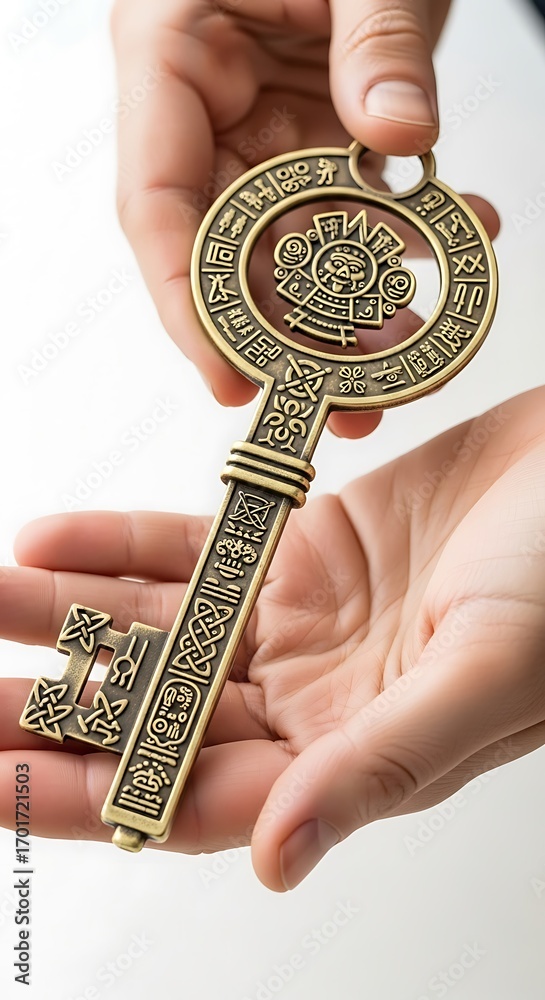 Fototapeta premium Hands Presenting Ornate Golden Key with Ancient Aztec and Celtic Symbols