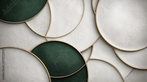 A modern abstract pattern featuring overlapping circles in green and white, framed with gold accents, Ideal for interior design projects, website backgrounds, or branding material,
