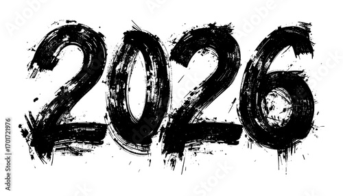 Black paint splatter 2026 typography design features bold expressive numerals with artistic brushstroke effects and dynamic ink splashes on white background.