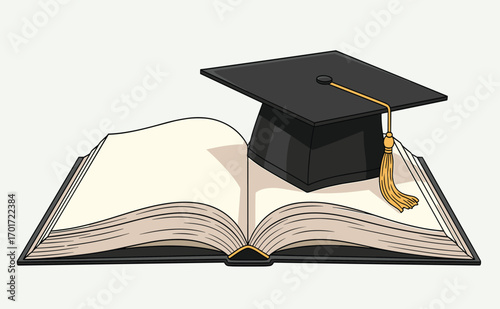Graduation Cap on Open Book Symbolizing Education and Knowledge