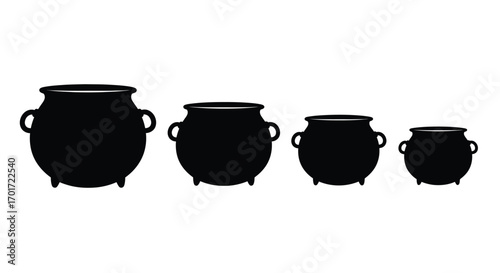 Four black cauldron silhouettes of varying sizes ready for magic potion brewing vector