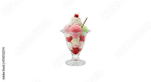 Ice cream sundae with strawberries, whipped cream, and cherry, isolated, transparent background, no background  