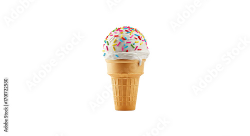 Ice cream cone with colorful sprinkles on a white background, isolated, transparent background, no background  