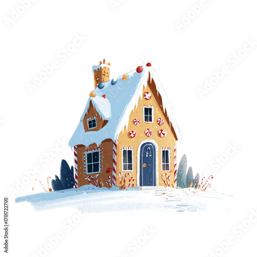 Gingerbread house decorated with candies in winter landscape  