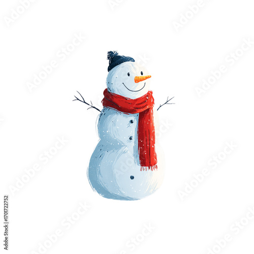Snowman wearing a red scarf and black hat with a smile  
