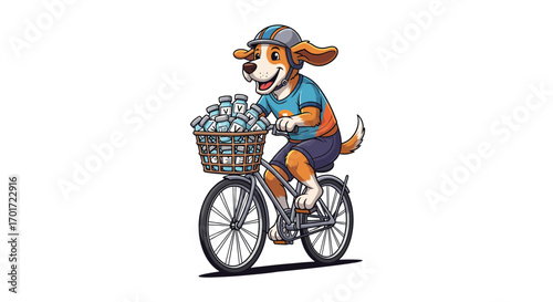 Happy cartoon dog wearing a helmet and riding a bicycle, making a fast delivery with a basket full of fresh milk bottles