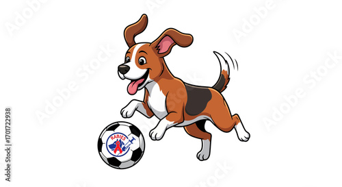 Happy cartoon beagle dog playing soccer. An energetic puppy character kicking a football illustration on a white background