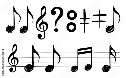 Hand-Drawn Musical Notes and Symbols on a White Background