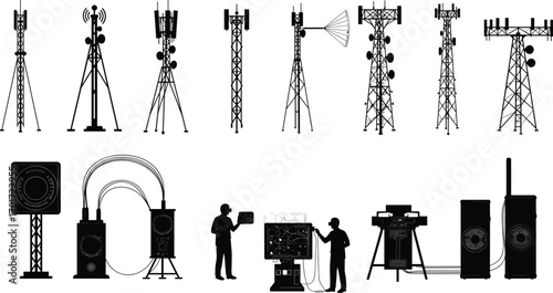 PrintCollection of telecommunication towers, signal transmitters, wireless antennas, communication technology devices, and network engineering equipment vector illustration for digital connectivity