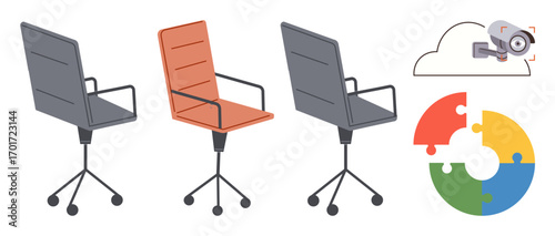 Three swivel office chairs, cloud-connected surveillance camera, and colorful puzzle graphics. Ideal for teamwork, office design, technology, security, collaboration, project planning flexible