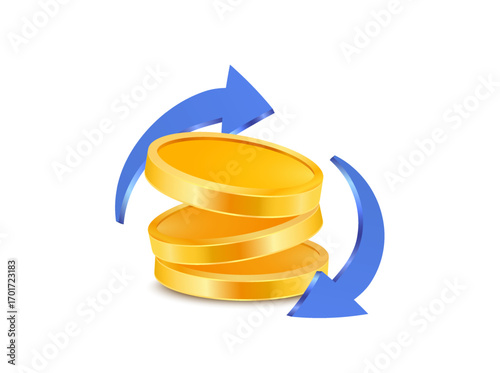 3d Golden coin stack vector with blue circular arrows, symbolizing currency exchange, money transfer, or financial transaction in a modern digital style. 3d vector illustration. Vector illustration