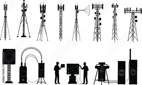 Collection of modern telecommunication towers, mobile antennas, signal transmitters, wireless communication equipment, and network technology vector illustration for infrastructure design