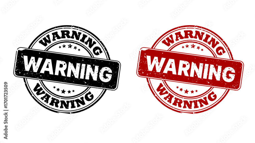 Obraz premium Grunge rubber stamp warning signs in black and red with bold distressed text inside circular badges. Vector illustration