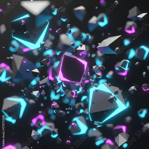 Vector illustration of an array of floating polygonal crystals and geometric shards illuminated by striking neon blue and pink glows, abstract vector background art