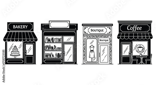 Charming hand drawn shops facades bakery cafe bookstore and coffee house collection vector