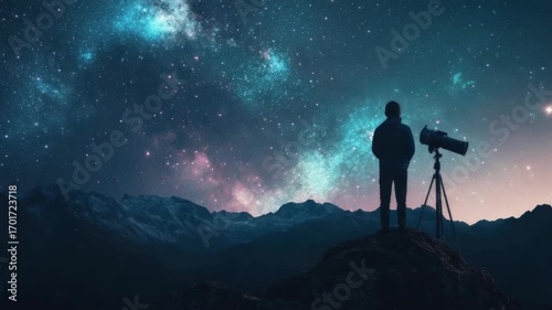 Person stargazing through telescope on mountain under starry night sky