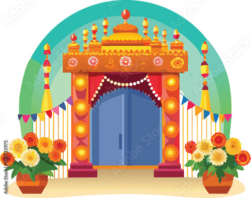 Vector illustration of a grand durga puja pandal entrance festive decoration