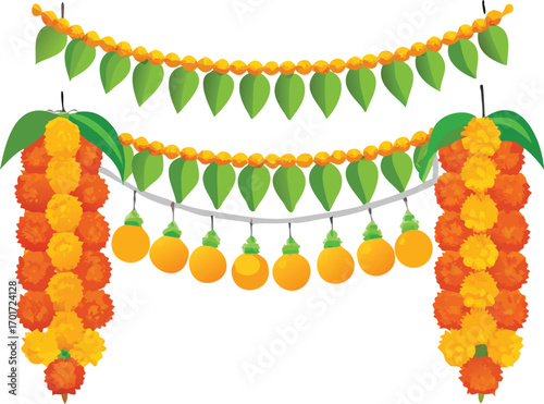 Decorative marigold flower garlands vector illustration festive celebration floral design