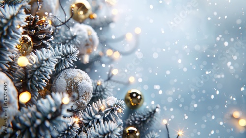 Snowy Christmas Tree Branches with Gold Ornaments and Lights in Winter Scene